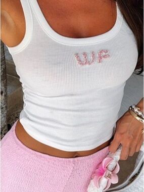 White Fox Boutique White Ribbed Tank with Pink Embellished Logo